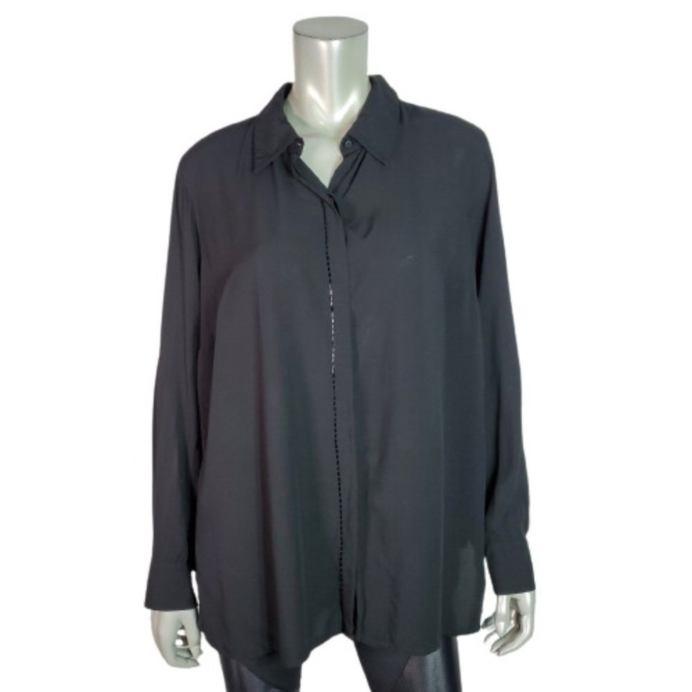 Lane Bryant Top Plus Size 14/16 Beaded Tab Sleeve Lightweight‎ Button-Up Black